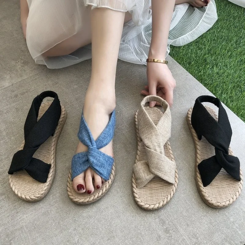 

New Sandals Women's Wear Hemp Sandals Elastic Cross Fashion New Flat Women's Shoes
