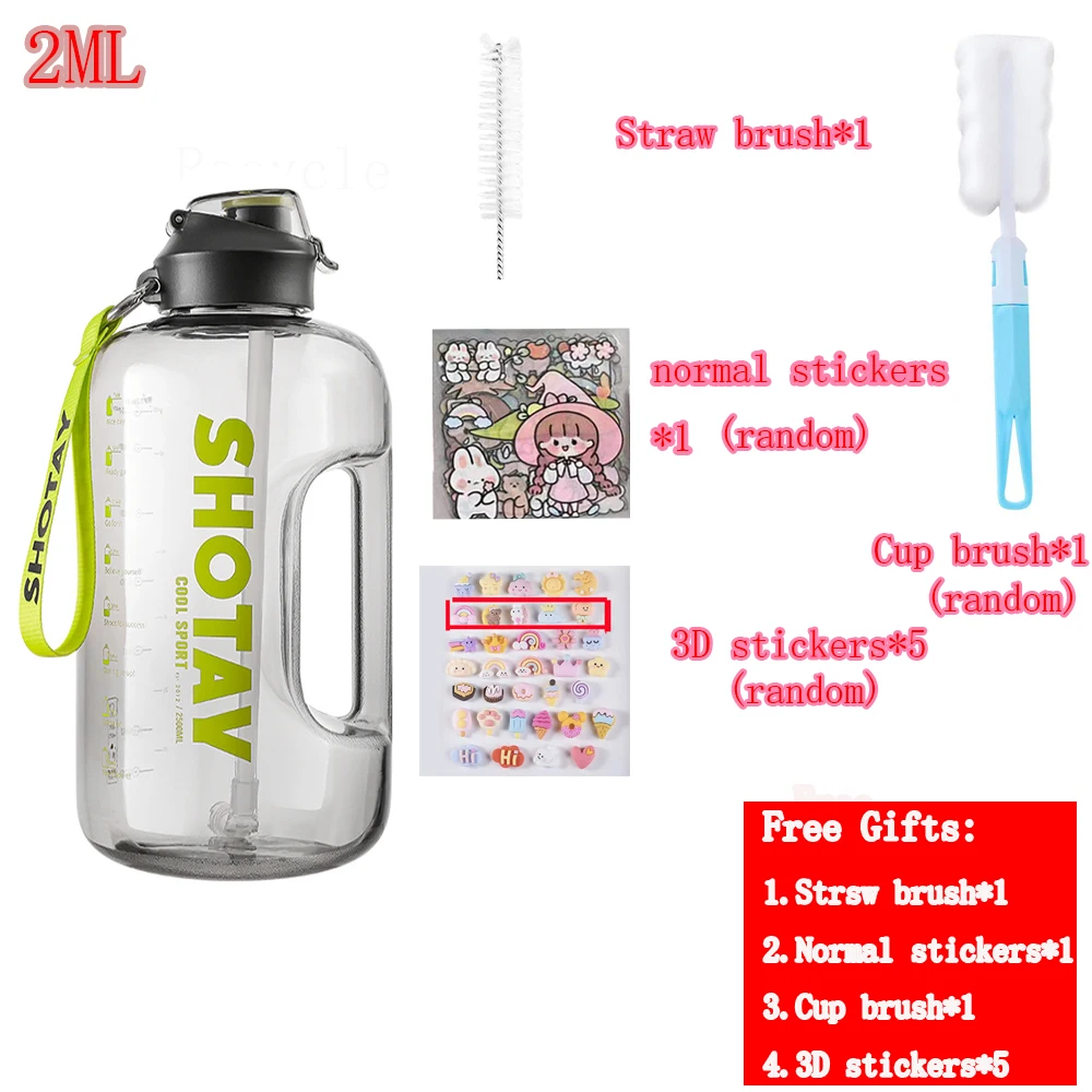 

2L Outdoor Sports Water Bottle with Bounce Cover &Straw Time Marker Motivational Cup Men Gym Travel Bicycle Bottle Gift Sticker