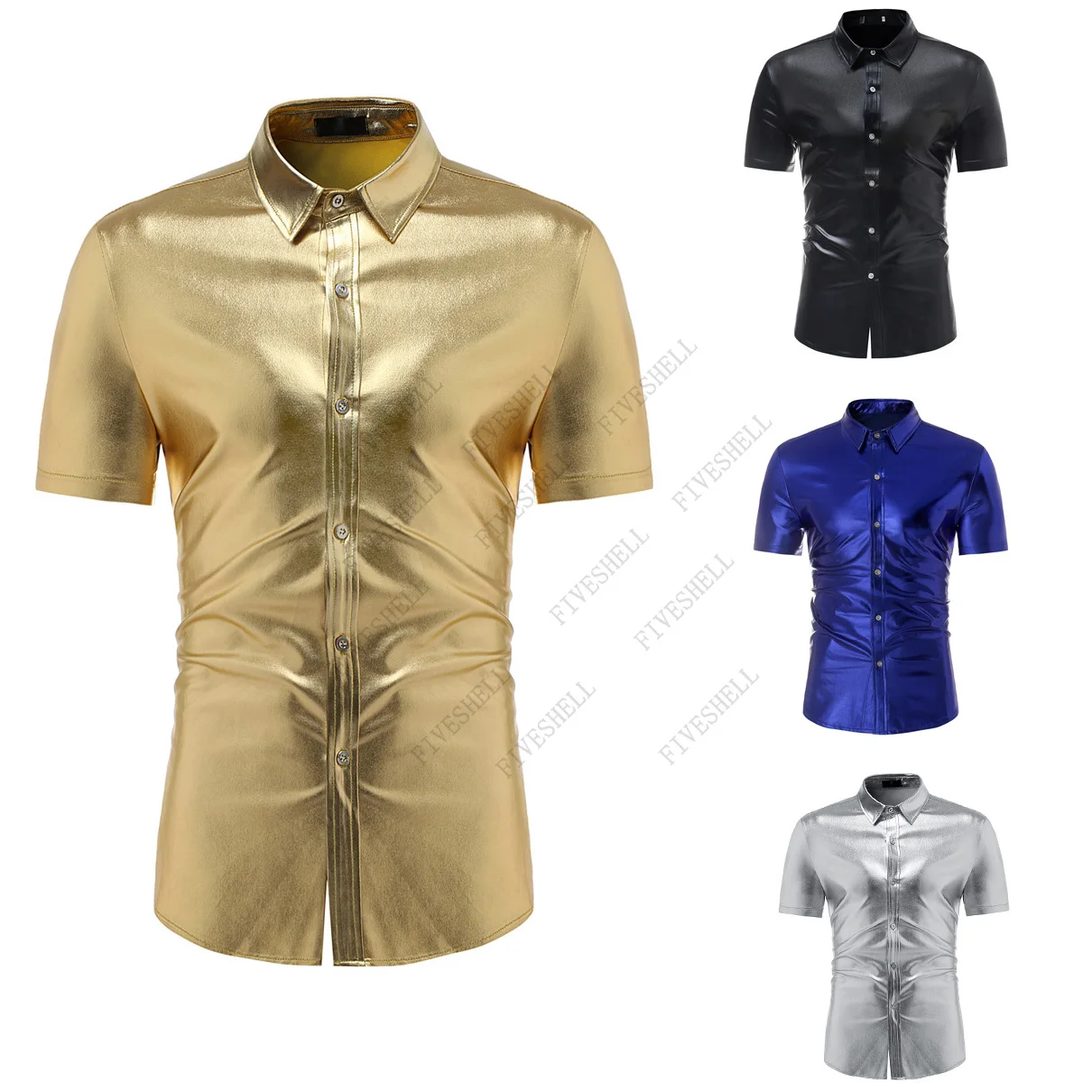 2023 Shiny Gold Coated Metallic Shirt Men Fashion Mens DJ Nightclub Shirts Slim Fit Chemise Homme Hip Hop Streetwear Men Shirt