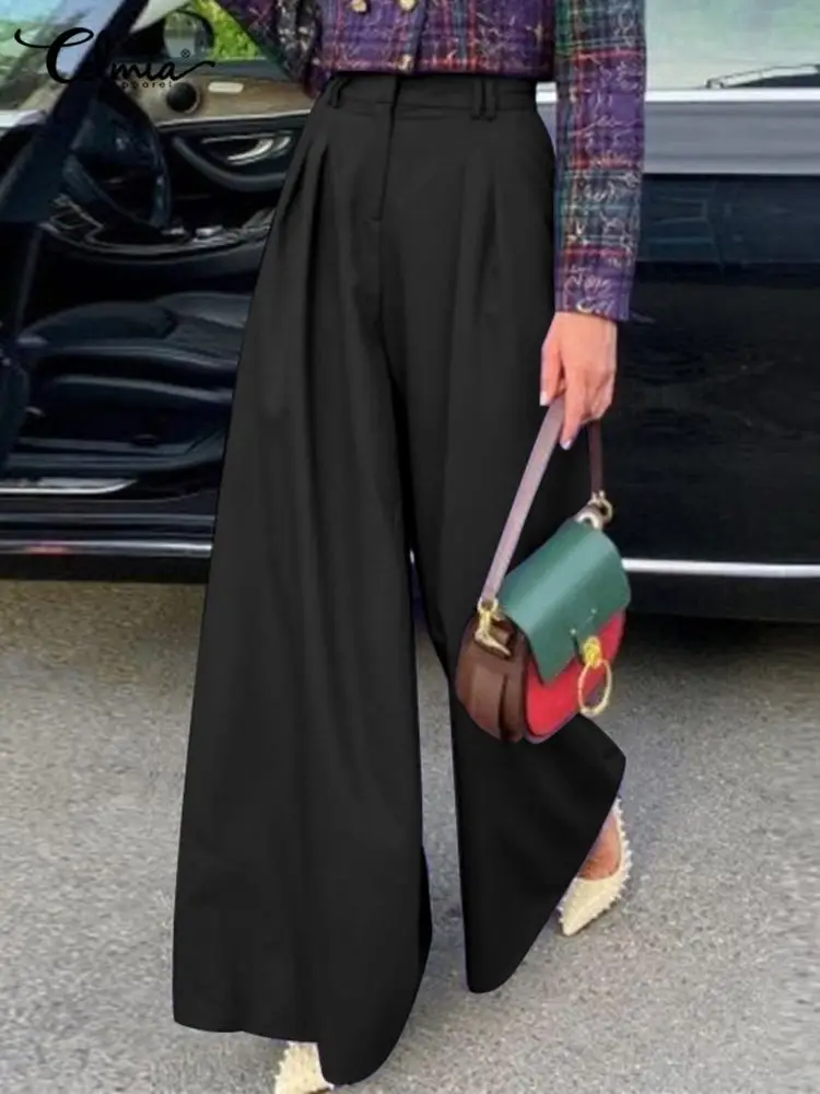 

2022 Women High Waist Pants Celmia Fashion Wide Leg Pleated Long Trousers Summer Casual Loose Solid Pantalon Retro Style Pants
