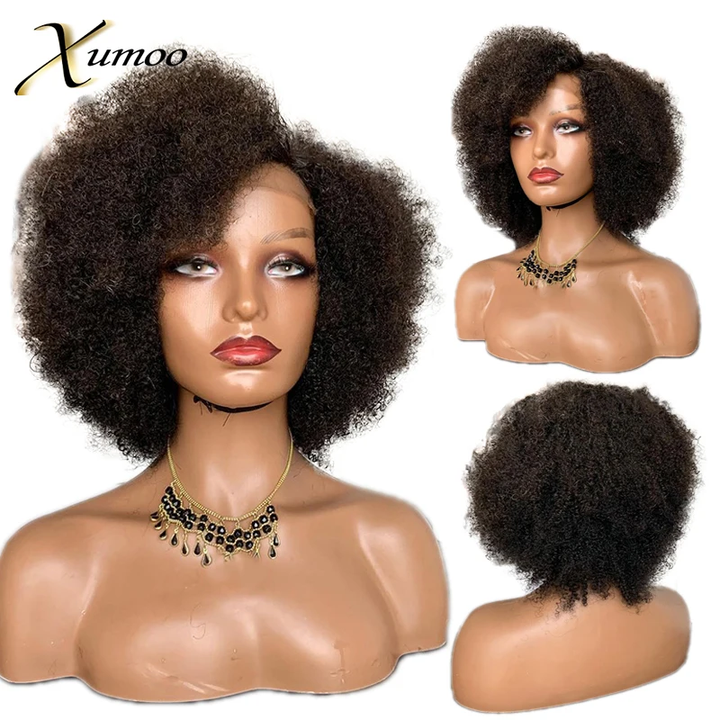 

Short Bob Pixie Cut Afro Kinky Curly Full Machine Made Human Hair Wigs With Bangs 180% Density For Black Women Remy Brazilian