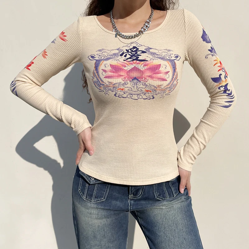 

Модная облегающая футболка с длинным рукавом и гламурным принтом, повседневная женская футболка Y2k, Винтажные Футболки с графическим принт...