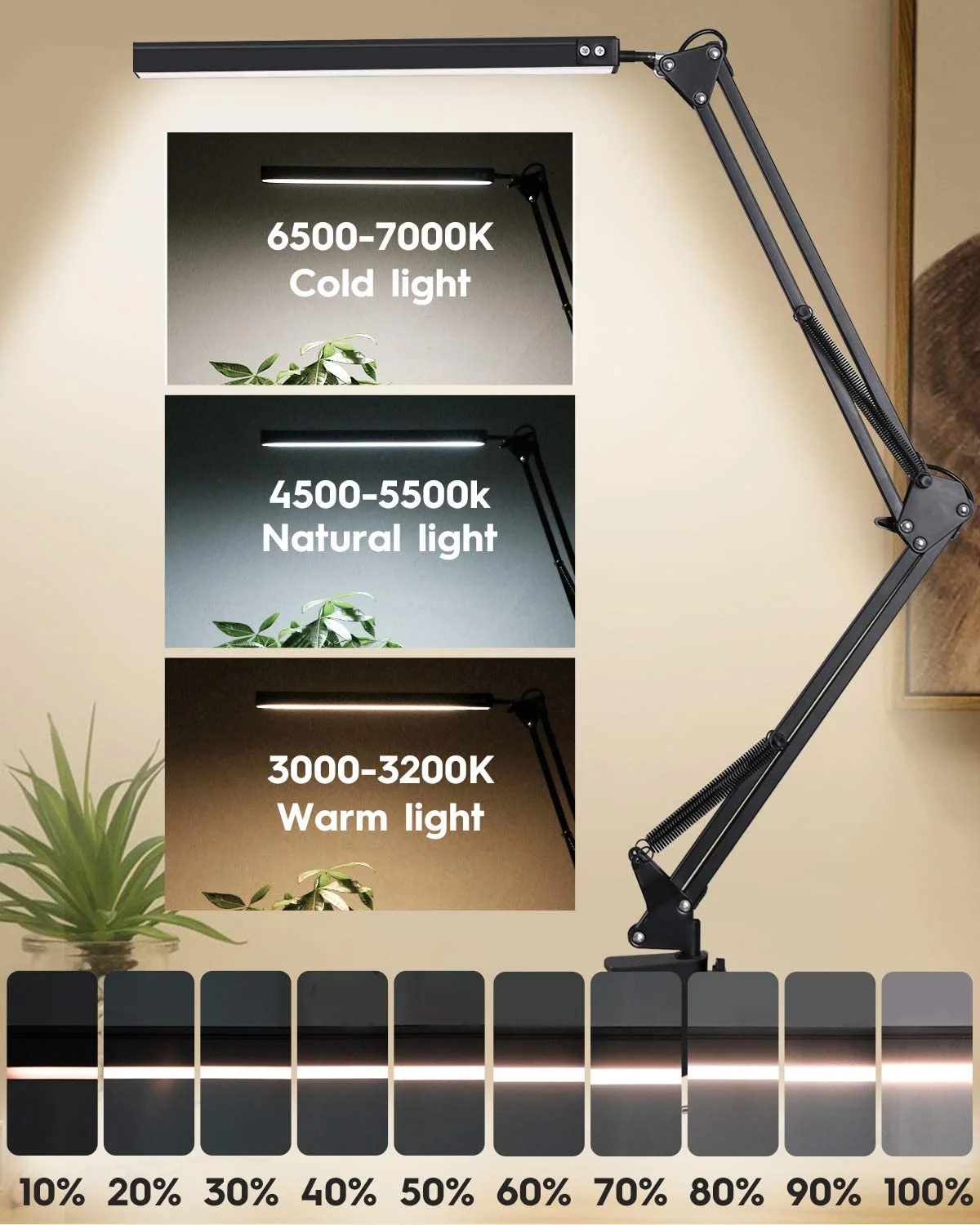 

LED Desk Lamp with Clamp, Eye-Care Dimmable Reading Light, 3 Color Modes Swing Arm Lamp, USB Clip-on Table Lamp, Daylight Lamp