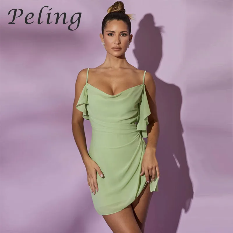 

Peling 2023 Trendy Chiffon Summer Dress Luxury Ruffles Design Padded Women Dress High Split Sleeveless A-Line Evening Dresses