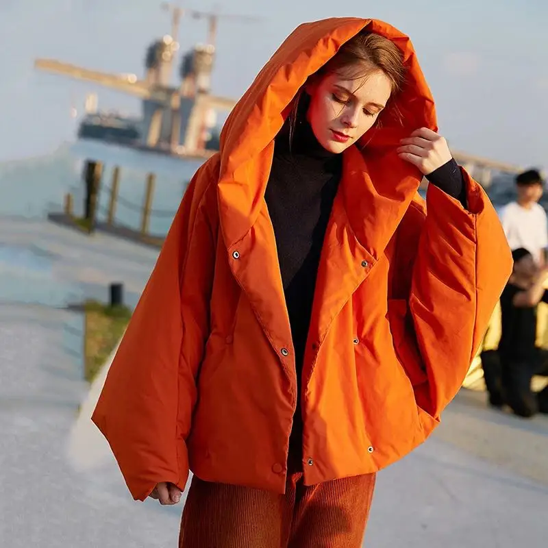 

Winter Women's Parkas Fashion Tide Loose Fluffy Orange Red Oversized Down Jacket New Hooded Long Sleeve Warm Coats F2531