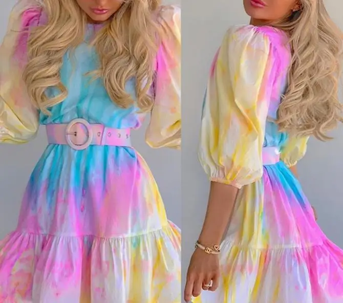 

Женские платья 2023, Осеннее модное цветное повседневное милое мини-платье с круглым вырезом и поясом