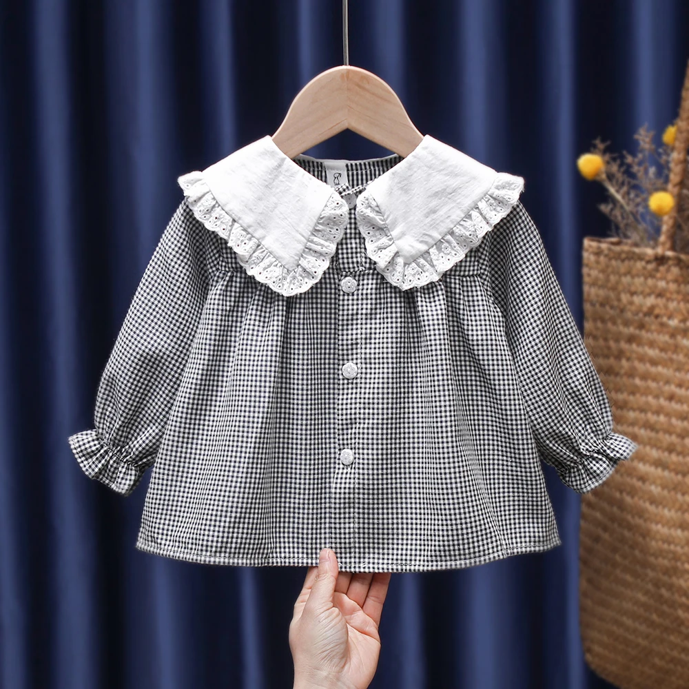 Spring Autumn Children Clothes Classic Style Girls Cute Doll Collar Loose Lattice Baby Shirt Long Sleeve Cotton Tops Blouse