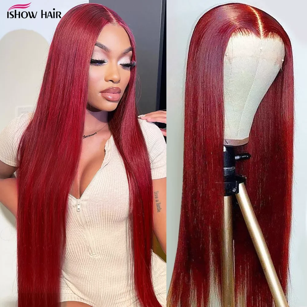 Ishow Burgundy 13x4 HD Transparent Lace Front Wig For Black Women 30inch 99j Straight Lace Front Wig With Baby Hair Pre Plucked