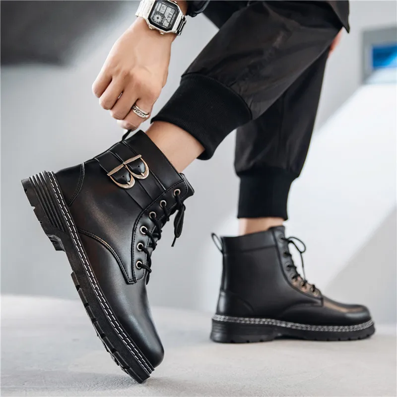 

Summer Black Ankle Leather Boots Men Street Style Casual Shoes Work Rubber Men Motorcycle Boots