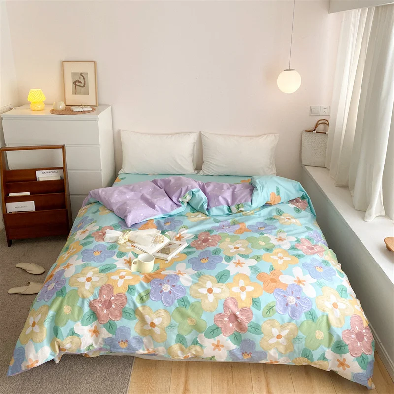 

2022 Flower Printed Pastoral Style New Arrival Simple Style Four-piece 100%Cotton Bed Sheet Quilt Cover Set