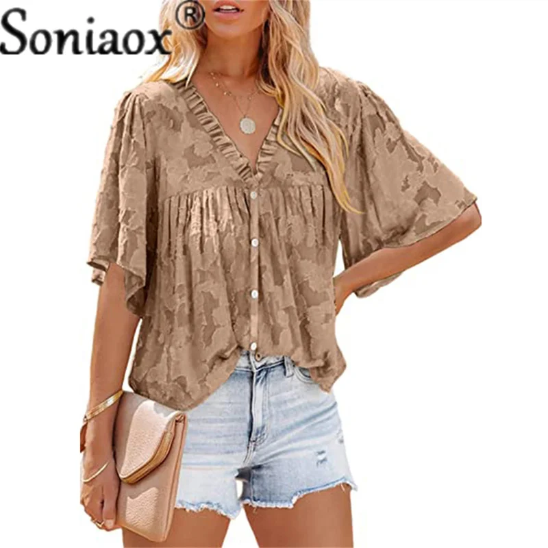 Женская шифоновая блузка с рюшами кружевная на пуговицах рукавами-фонариками