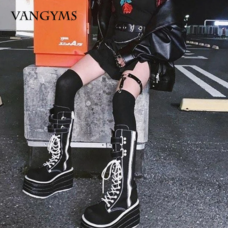 

Brand Design Female Motorcycle Boots Plafrom Wedges Lolita Girl 2021 Winter Cool Street Super High Heel Women Knee High Boots