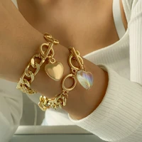 gd 2pcsset punk gold color chain bracelets for women stainless steel bracelets heart charm bracelets bangle jewelry