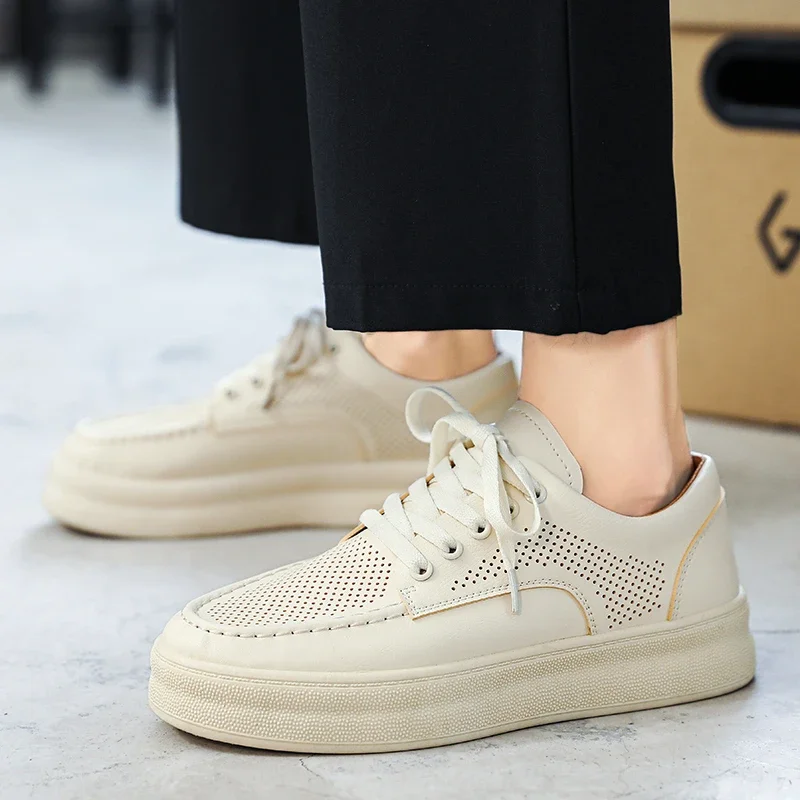 

Мужские летние ажурные туфли, черные повседневные рабочие туфли на толстой подошве, в британском стиле, 2023