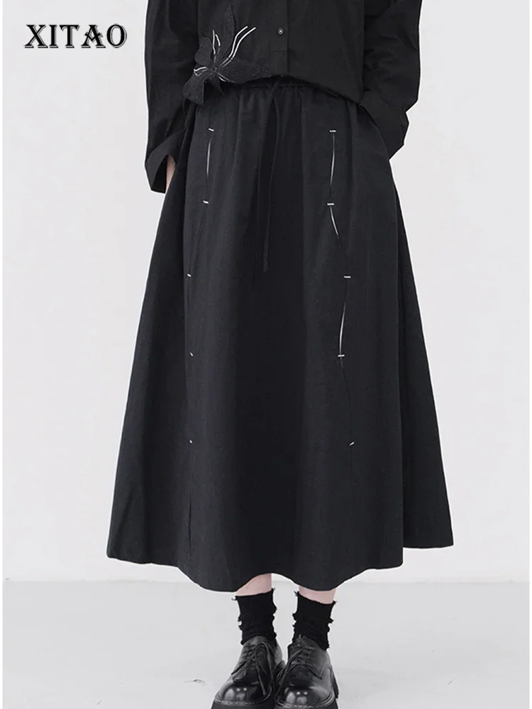 

XITAO Loose Casual Female A-line Skirt Elastic Waist Fashion Simplicity All-match Pleated 2023 Autumn Women New Skirt DMJ2712