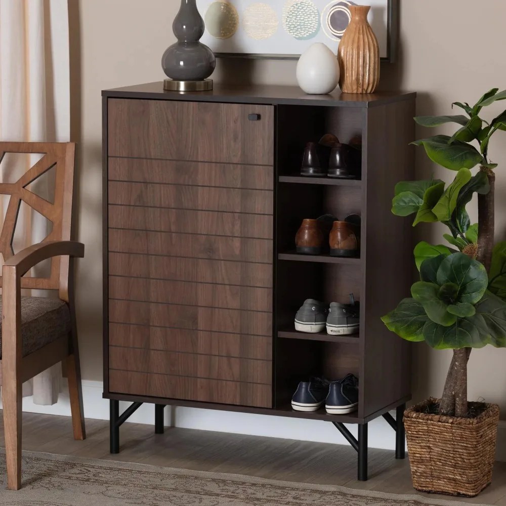 

Mid-Century Modern Transitional Walnut Brown Finished Wood 1-Door Shoe Cabinet