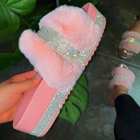summer luxury women slippers furry upper crystal platform heel solid color outdoor beach slides sexy comfor sandals ladies shoes