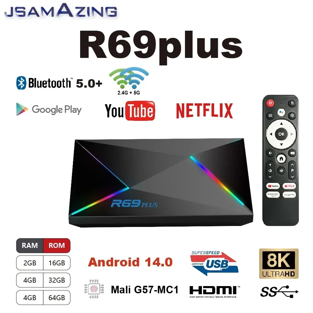 Телеприставка R69PLUS Android 14 Smart TV Box 8K Wi-Fi 6 Allwinner H728 ARM Cortex A55 Ethernet 1000M 16/32/64 ГБ 1080P