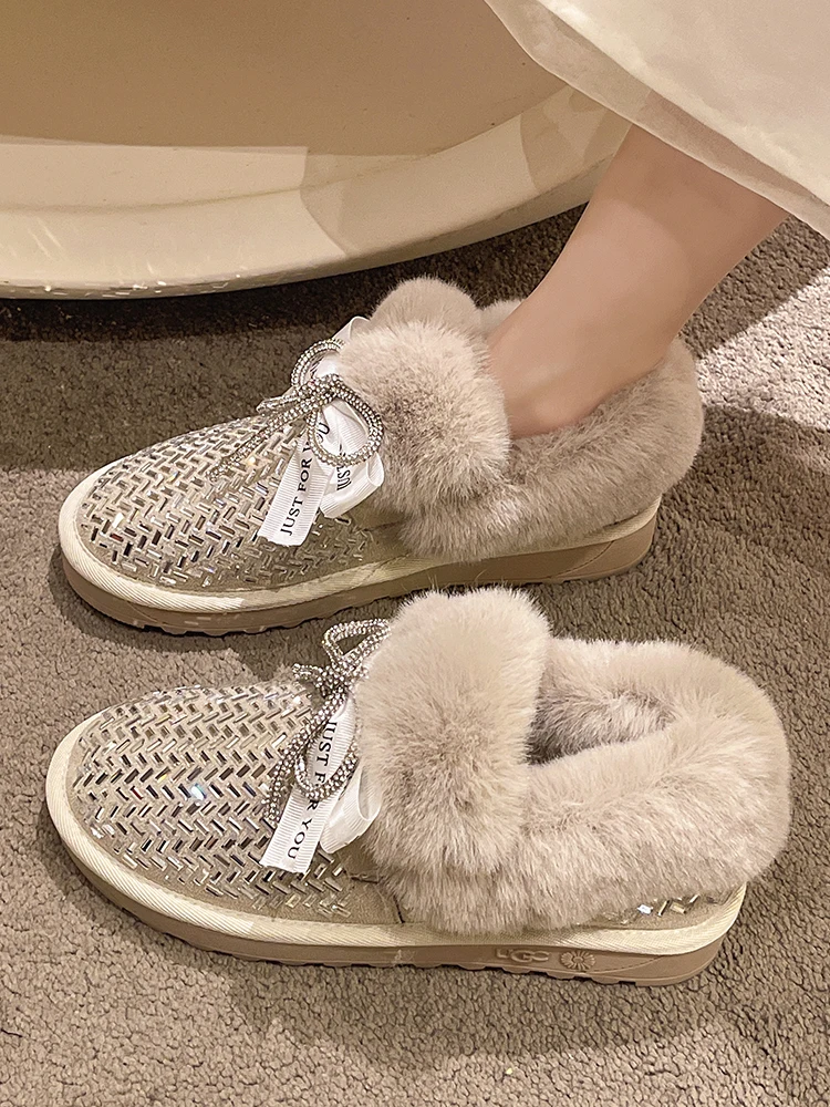 

Женские туфли на низком каблуке, со стразами и бантом, с круглым носком, модная зимняя Классическая обувь с бабочками, симпатичные меховые с...