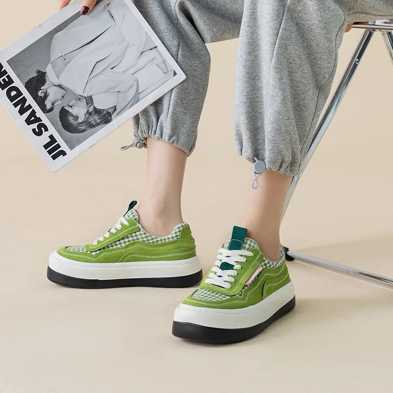 Autuspin Green Plaid Canvas Shoes Women 2023 Fashion Four Season Casual Platform Suede Vulcanized Sneakers Outdoor Students