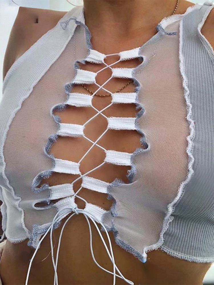 

Sexy Cut Out Y2k Crop Top Women Tops Corset Tops Vest Blouse Summer Sleeveless Mesh Transparent Tees Cool Tshirt 2022 Tank Top