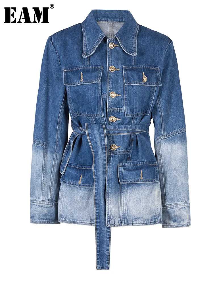 

[EAM] Loose Fit Blue Denim Bandage Big Size Jacket New Lapel Long Sleeve Women Coat Fashion Tide Spring Autumn 2023 CP1321