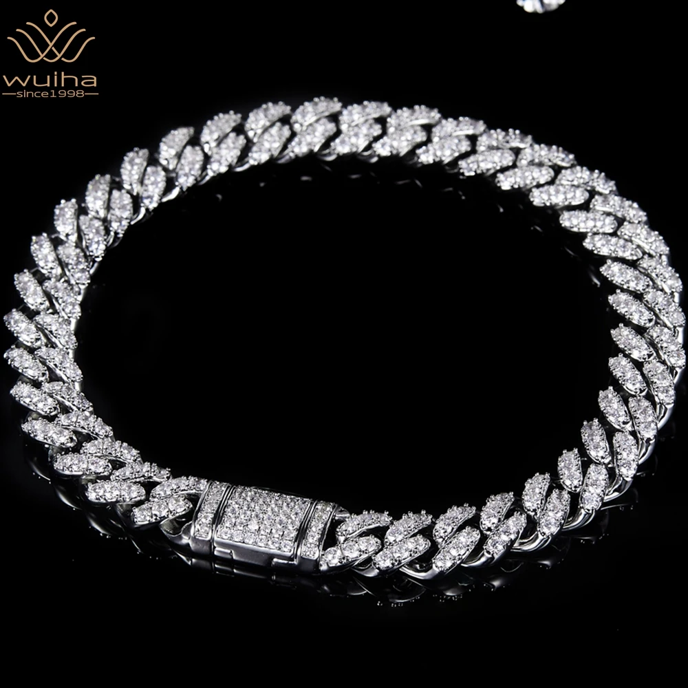 

WUIHA 18K White Gold 925 Sterling Silver Full D Moissanite Width 14MM Passed Test Diamonds Cuban Necklaces Hip Hop Rock Jewelry