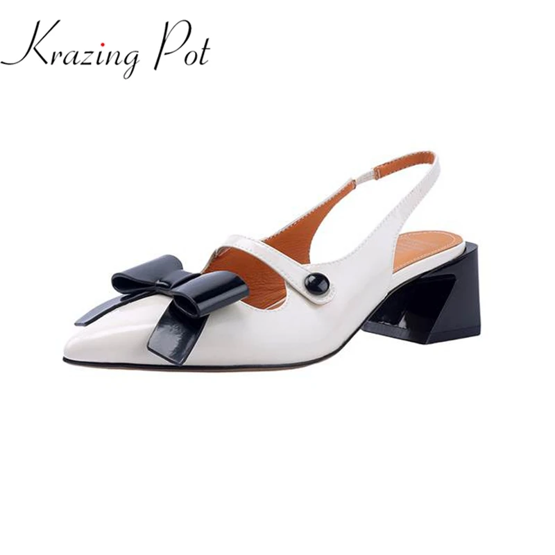 

Krazing Pot Cow Leather Mixed Color Ins Thick Med Heels Pointed Toe Butterfly-knot Summer Shoes Fashion Party Brand Women Pumps