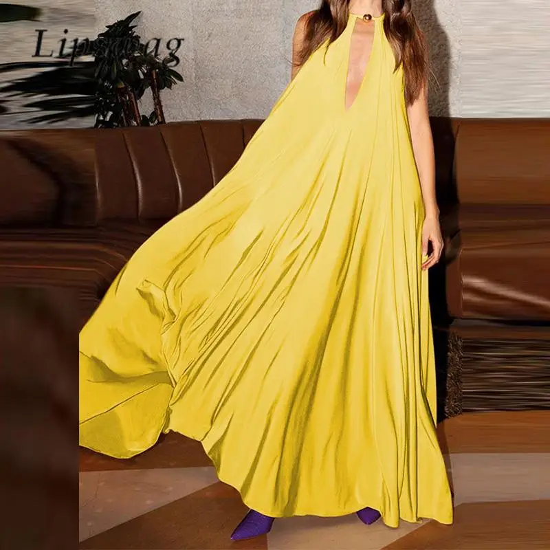

Женское пикантное свободное платье без рукавов с глубоким V-образным вырезом, повседневное однотонное женское Плиссированное Платье макси с лямкой на шее, летнее праздничное пляжное платье