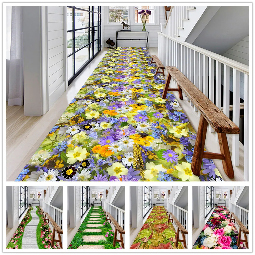 

3D Flowers Path Living Room Carpet Long Hall Corridor Rug Home Decorative Bedroom Kitchen Area Rug Anti-Skid Floor Mat Doormat