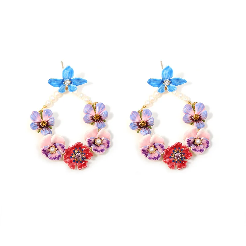 Богемия милый сладкий цветок круглые висячие серьги натуральный жемчуг эмаль