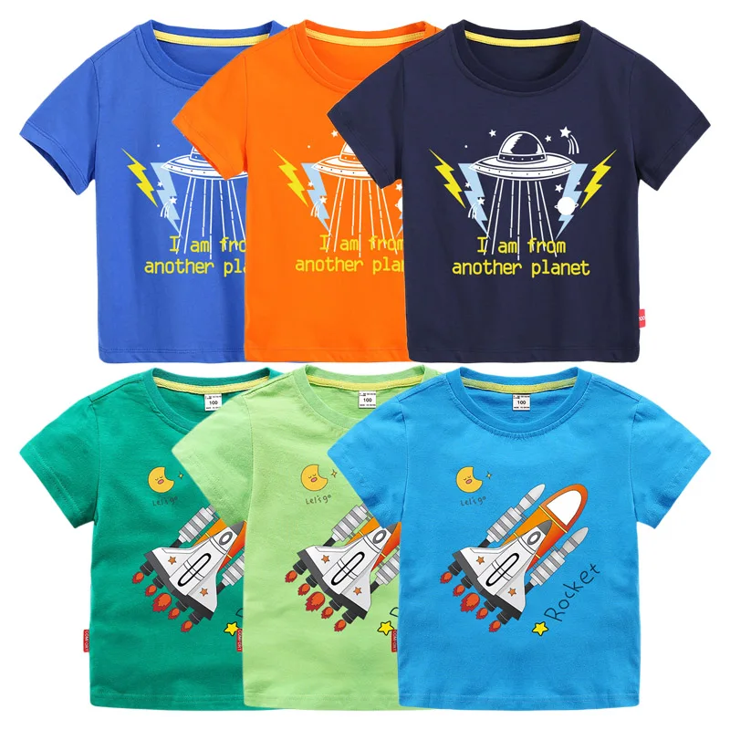 

2023 Summer Baby Boys T-shirts Kid Cartoon Plane Space UFO Astronaut Print Short Sleeve T Shirt Cotton Top Tees Children Clothes