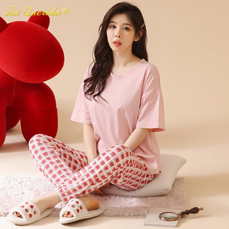 

Новые летние большие размеры 4XL модные пижамы для женщин с коротким рукавом клетчатые брюки с круглым воротником простая Домашняя одежда ро...