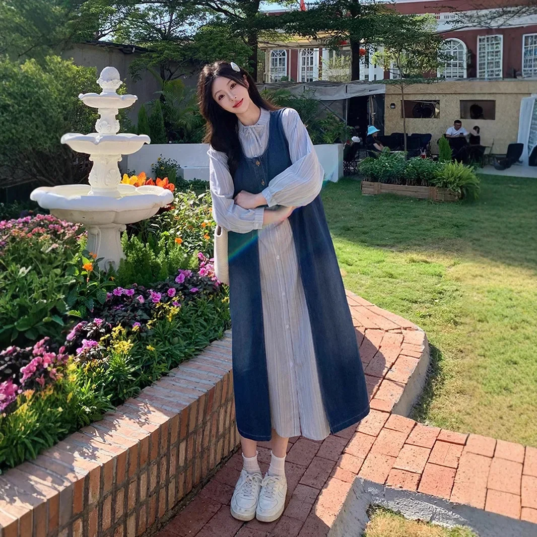 Женский костюм-рубашка в полоску больших размеров стиле преппи джинсовый костюм