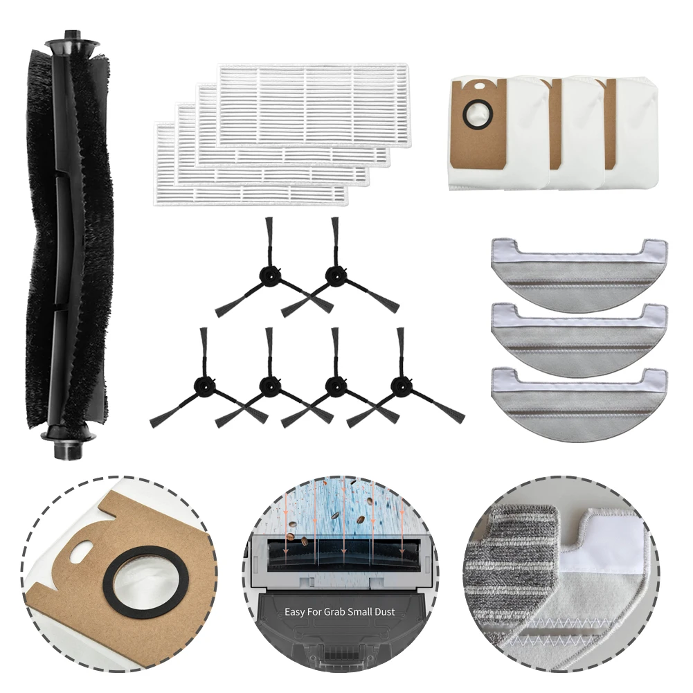

Main Side Brush Roller Brush Filter Dust Bags Mop Cloths For Ultenic T10 Vacuum Cleaner Kit Reduce Dust Pollen