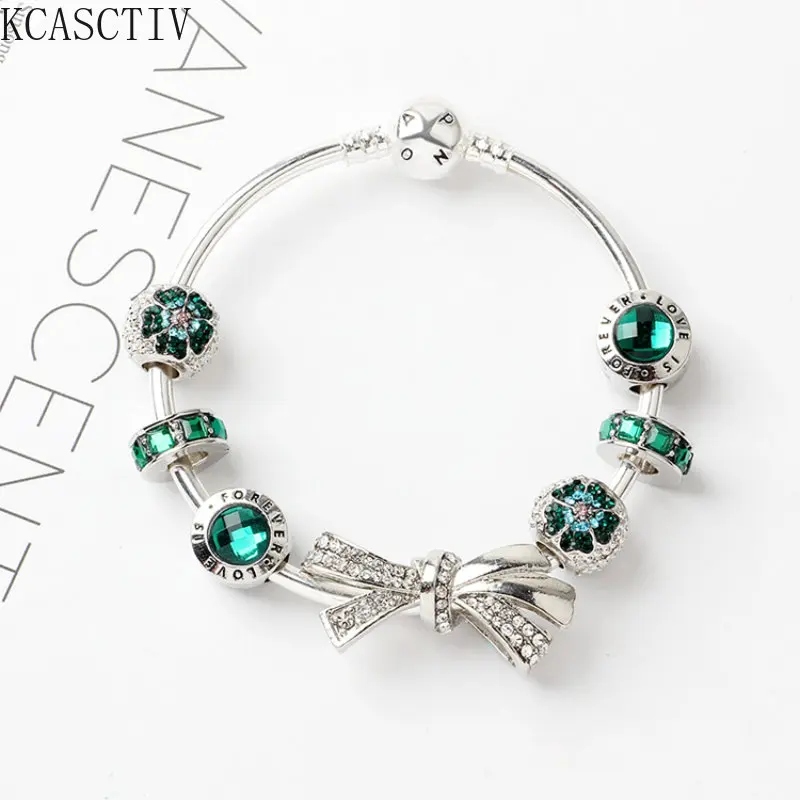 Wholesale New Diamond Bow Luxury Bracelet Green Beaded Snake Bone Women Charm Pandora Bracelet