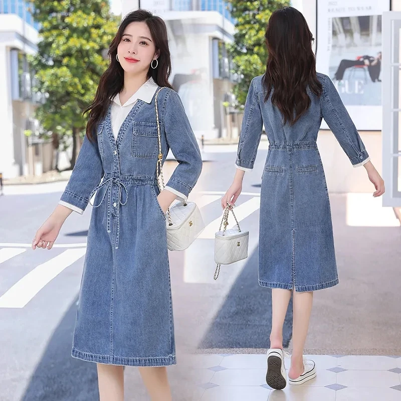 

Платье женское джинсовое средней длины с рукавом, весна-лето