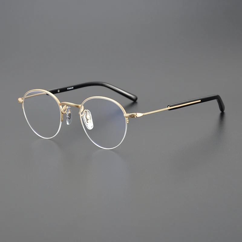 Ultralight Titanium Semi Rimless Glasses Frame Men Retro Round Optical Eyeglasses Women Half Frameless Prescription Spectacles
