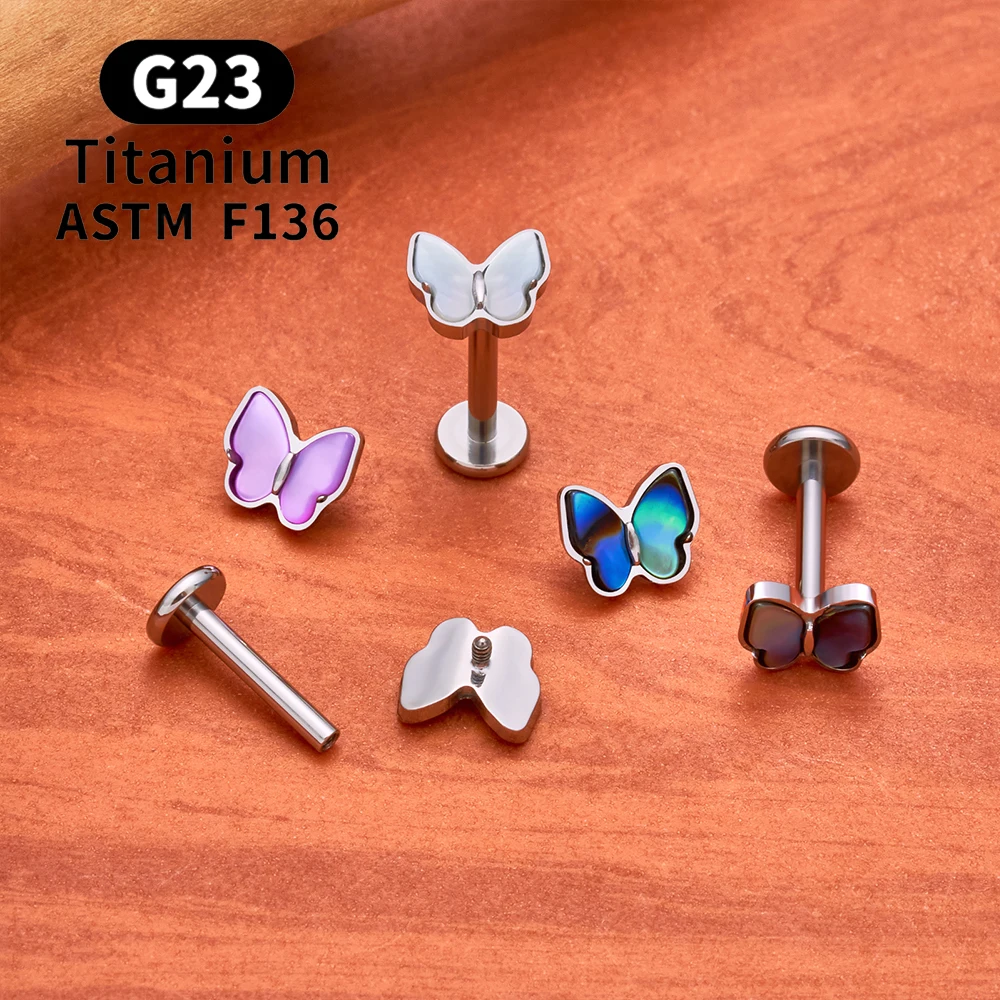Фото Титановый серьга-бабочка ASTM F136, 16G, с плоской задней частью, для пирсинга уха (хлопушка, конч, трагус, хеликс), для женщин и девушек №3