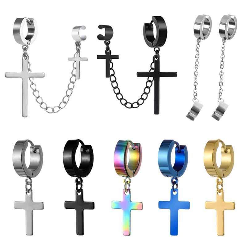 

Hip Hop Cross Tassel One-piece Stud Earrings Men Women Stainless Steel Hoop Clip Earring Punk Christian Dangle Ear Ring Jewelry