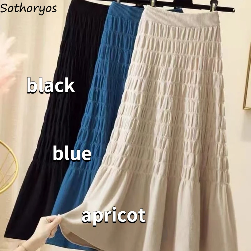

Skirts Women Pleated Basic Design Pure Daily Midi Korean Style Cozy Retro Casual Spring Mujer High Waist Faldas Knitwear Popular