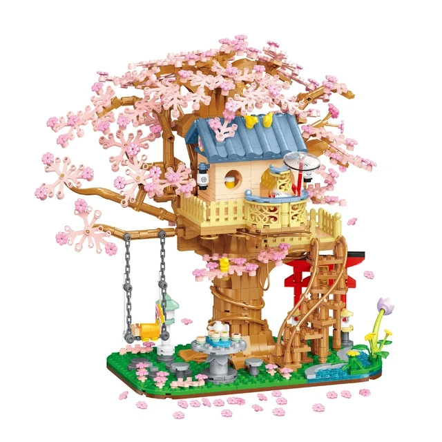 

City Street View Mini Block Cherry Blossom Tree House Building Brick Figures Sakura Treehouse Streetscape Toy For Children Gifts