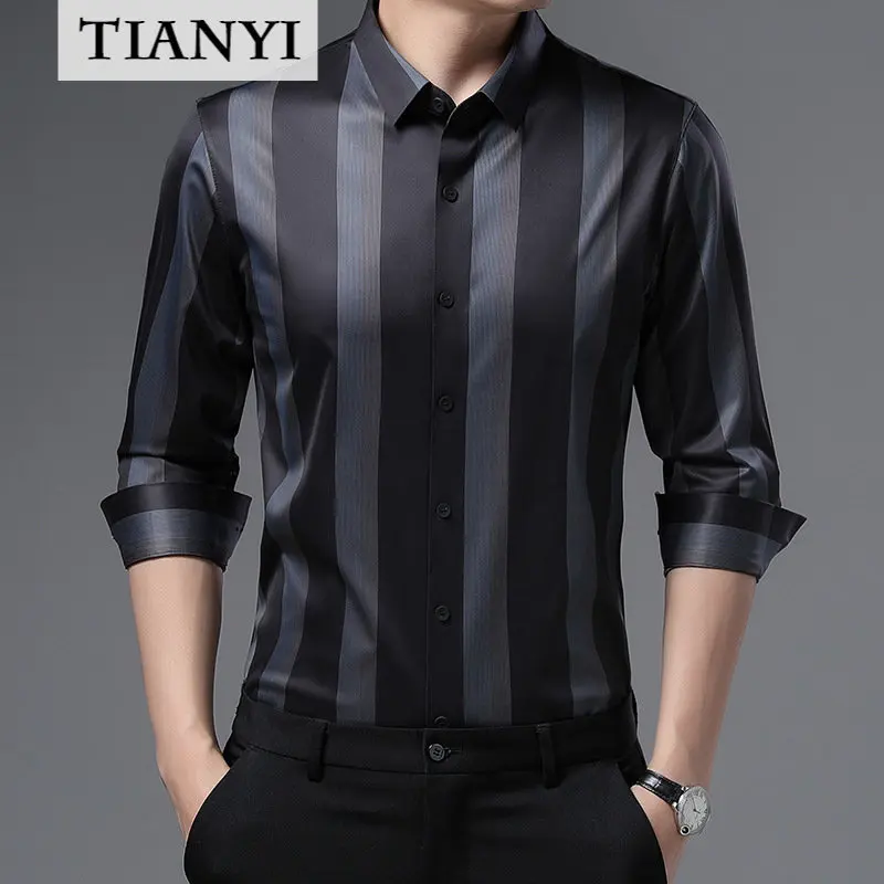 High Quality Men's Long-sleeved ShirtsMiddle-aged Men's Casual Fashion Striped Shirts Dad Wear Luxury Men Shirt Korean Clothes