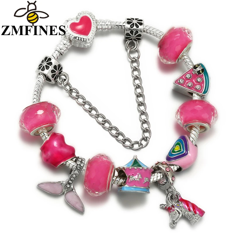 

Classics Original Charm Bracelet For Women Unicorn Whale DIY Beads Pendant Pink Heart-Shaped Snake Chain Jewelry Dropshipping