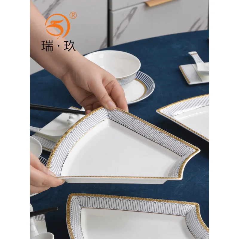 

Household Phnom Penh Fan-Shaped Plate round Table Platter Bone China Tableware Plate Deep Plates Ceramic Dinner Plate Small Plat