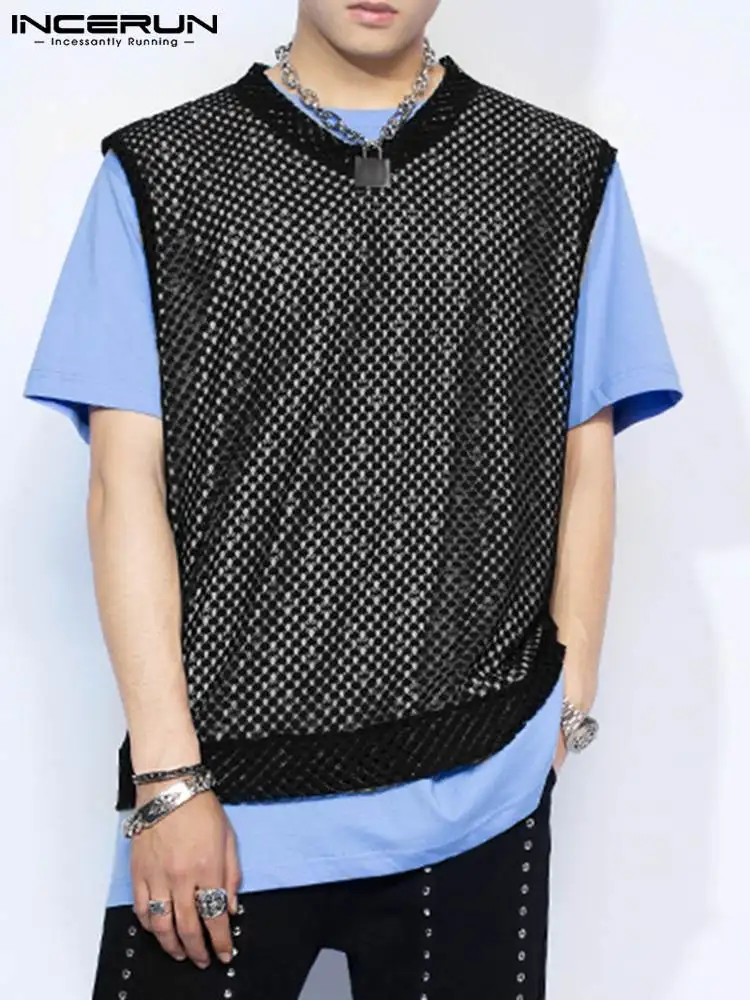 

INCERUN Tops 2022 Korean Style New Men's See-through Mesh Waistcoat Fashion Casual Male Loose Comfortable Sleeveless Vests S-5XL