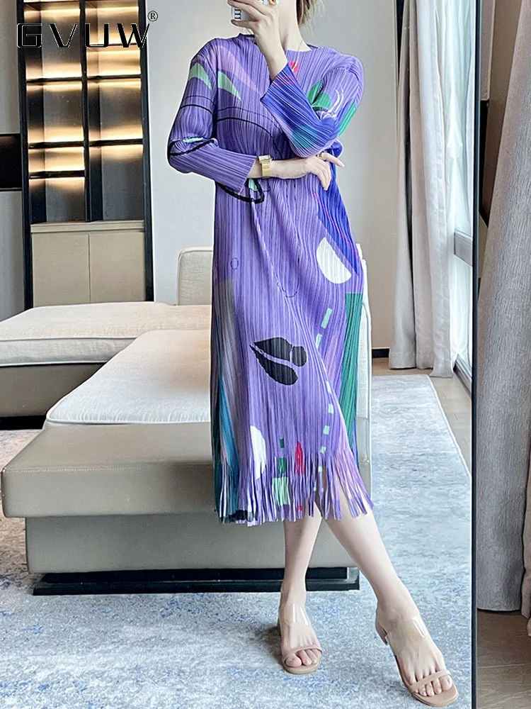 

GVUW Pleated Print Dress For Women Spliced Tassel Round Neck A Line Loose Elegant Mid-length Holiday Dresses Autumn New 17G2506