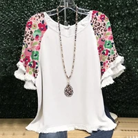 plus size ruffle blouse women summer leopard print splicing tunics v neck short sleeves casual t shirt blusas 2022