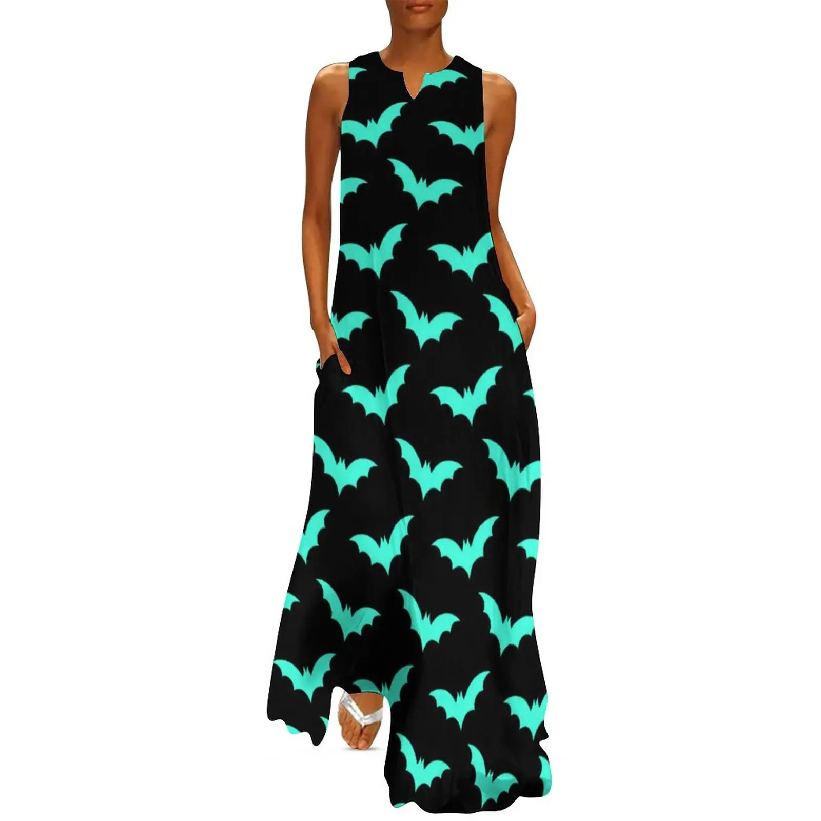 

Spooky Halloween Print Dress Turquoise Bats Night Club Maxi Dress Street Style Casual Long Dresses V Neck Graphic Big Size 5XL