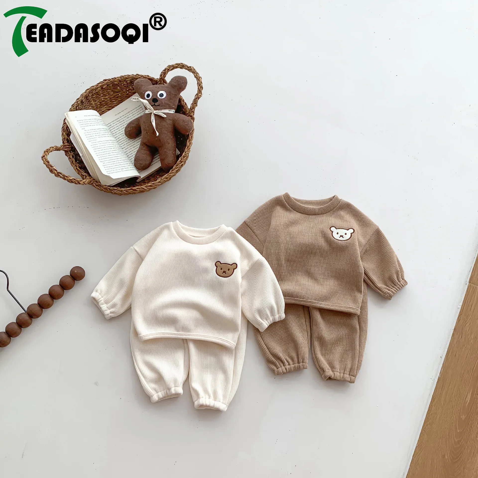 

2023 Autumn New In Infant Baby Girls Boys Full Sleeve Waffles Bear Clothing Set Top Shirts+Pants Newborn Kids Toddler 2pcs 0-3Y